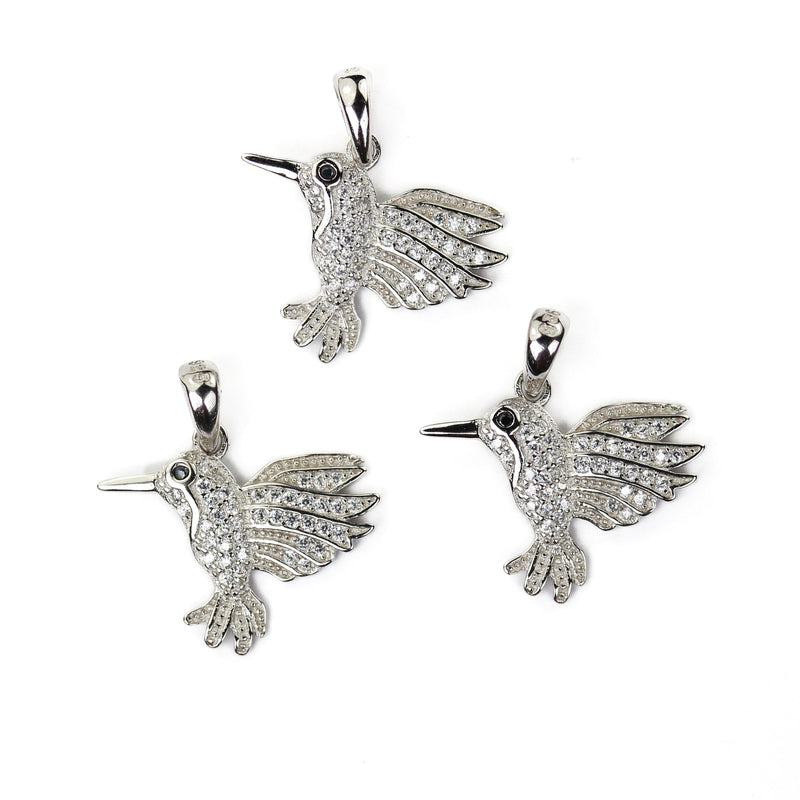 Silver charm 1pc 925 sterling silver jewellery findings charm humming bird beads, w/ white cubic zirconia stone, 16*20mm, 6mm bail