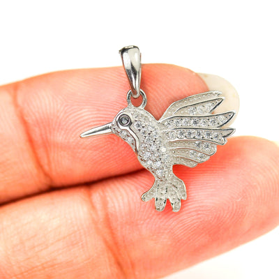 Silver charm 1pc 925 sterling silver jewellery findings charm humming bird beads, w/ white cubic zirconia stone, 16*20mm, 6mm bail