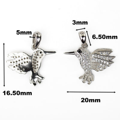 Silver charm 1pc 925 sterling silver jewellery findings charm humming bird beads, w/ white cubic zirconia stone, 16*20mm, 6mm bail