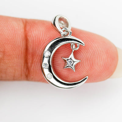 Charm 925 Sterling Silver w/ 1mm Cubic Zirconia Jewellery Findings Charm Beads ,Moon and Star Charm, 12*16mm, 6mm Star,5mm bail Hole