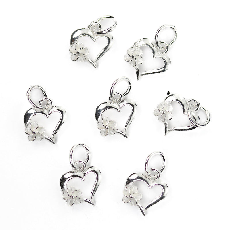 Charms 4pcs 9*10mm heart with 4mm flower 925 sterling silver jewellery findings charm beads, heart pendant, 6mm closed jump ring