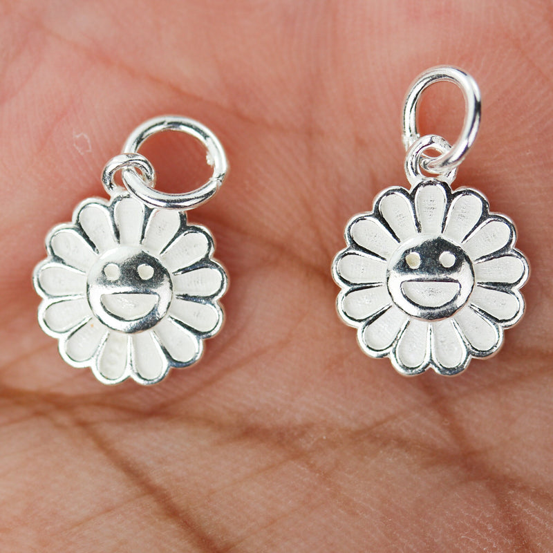 Charms 2pcs 925 sterling silver jewellery findings charm beads , 10mm flower smiley face charms, 5mm jump ring