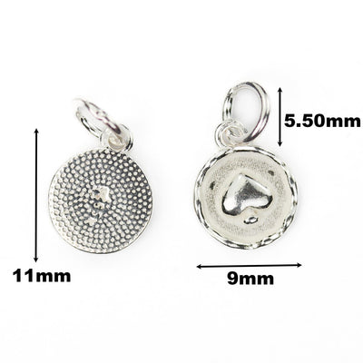 Charm 2pcs 925 sterling silver jewellery findings embossed spade charm beads , 9mm button 5mm closed jump ring