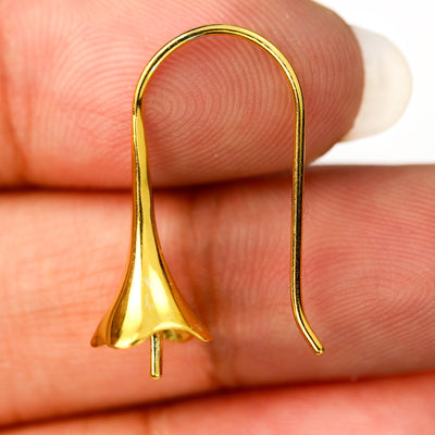 2pcs Jewellery Findings Trumpet Earwire, 18K Gold Vermeil, 26mm cone fishhook with half pin for half drilled beads