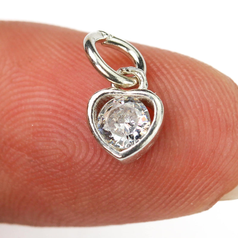 Charm 2pcs heart shape 925 sterling silver jewellery beads, round clear cubic zirconia w/bezel, 6*7mm,5mm closed jump ring