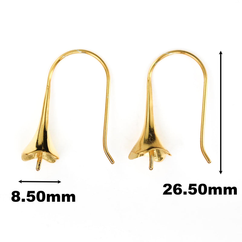 2pcs Jewellery Findings Trumpet Earwire, 18K Gold Vermeil, 26mm cone fishhook with half pin for half drilled beads