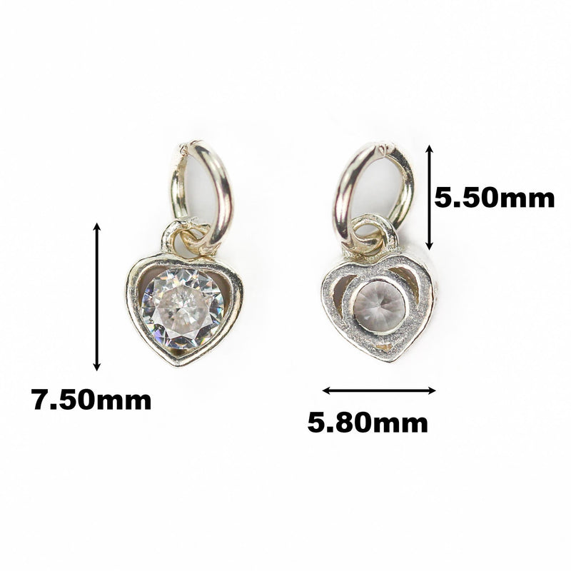 Charm 2pcs heart shape 925 sterling silver jewellery beads, round clear cubic zirconia w/bezel, 6*7mm,5mm closed jump ring