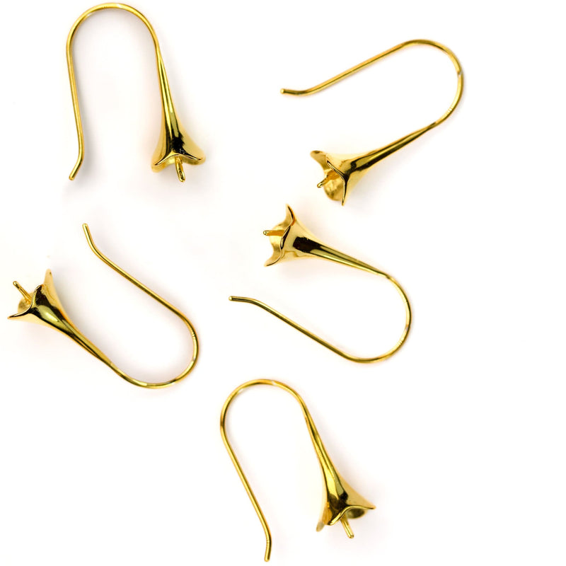 2pcs Jewellery Findings Trumpet Earwire, 18K Gold Vermeil, 26mm cone fishhook with half pin for half drilled beads