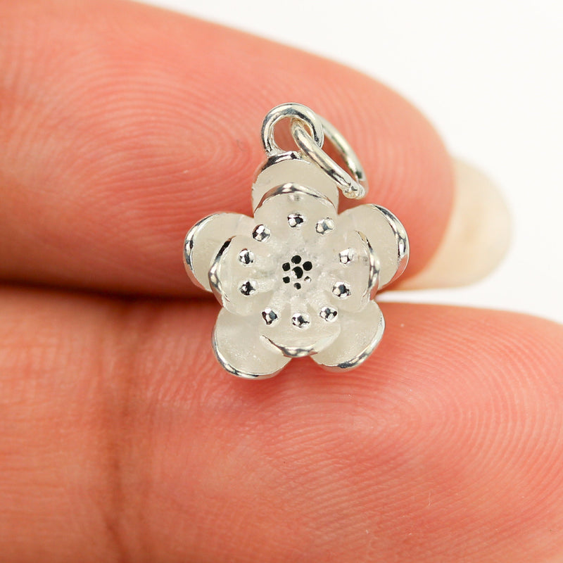 Charms 2pcs 925 sterling silver jewellery findings charm beads , 10mm 3d flower charms, 5mm jump ring