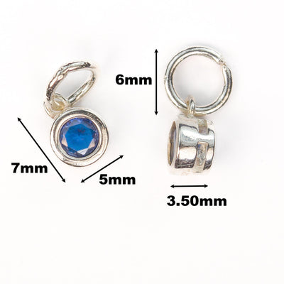 Charm 2pcs 925 sterling silver jewellery, royal blue round cubic zirconia w/925 sterling silver bezel and loop, 5mm round, 6mm closed ring