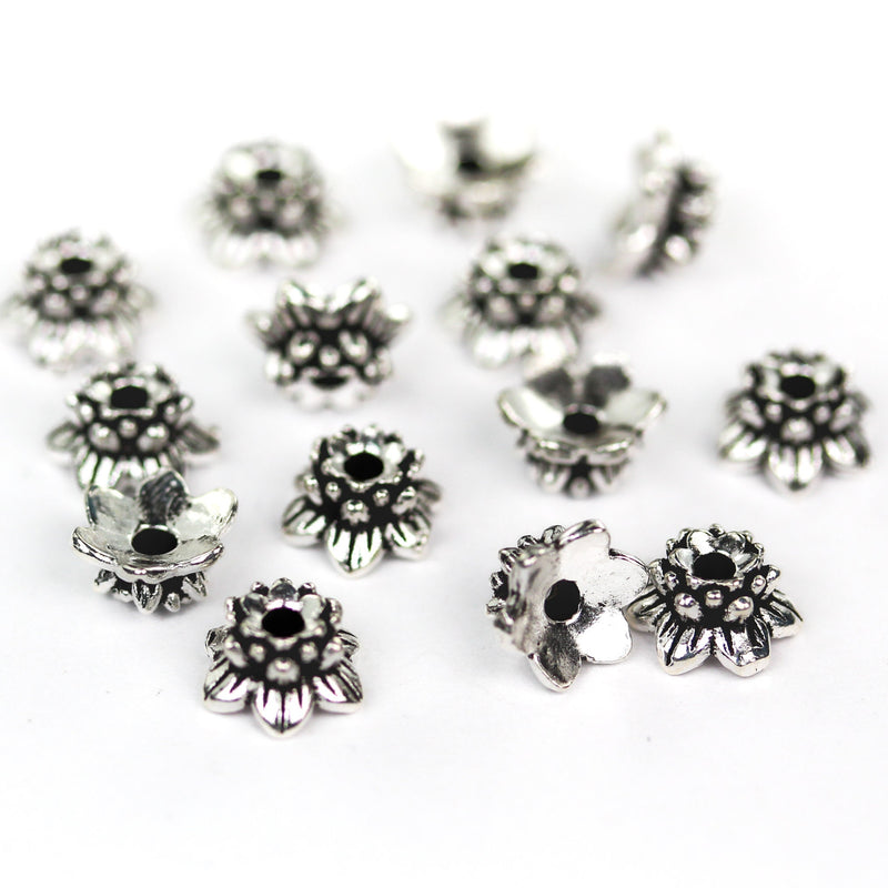 Bead Caps 4pcs 925 Antique Sterling Silver Jewelry Findings Double Flower Cap, 8mm Bottom Flower 5.50mm Top Flower, 4mm Height, 1.50mm Hole