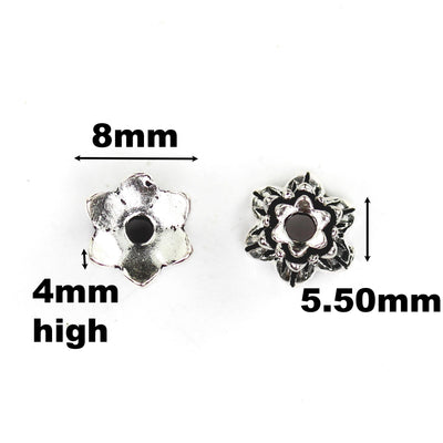 Bead Caps 4pcs 925 Antique Sterling Silver Jewelry Findings Double Flower Cap, 8mm Bottom Flower 5.50mm Top Flower, 4mm Height, 1.50mm Hole