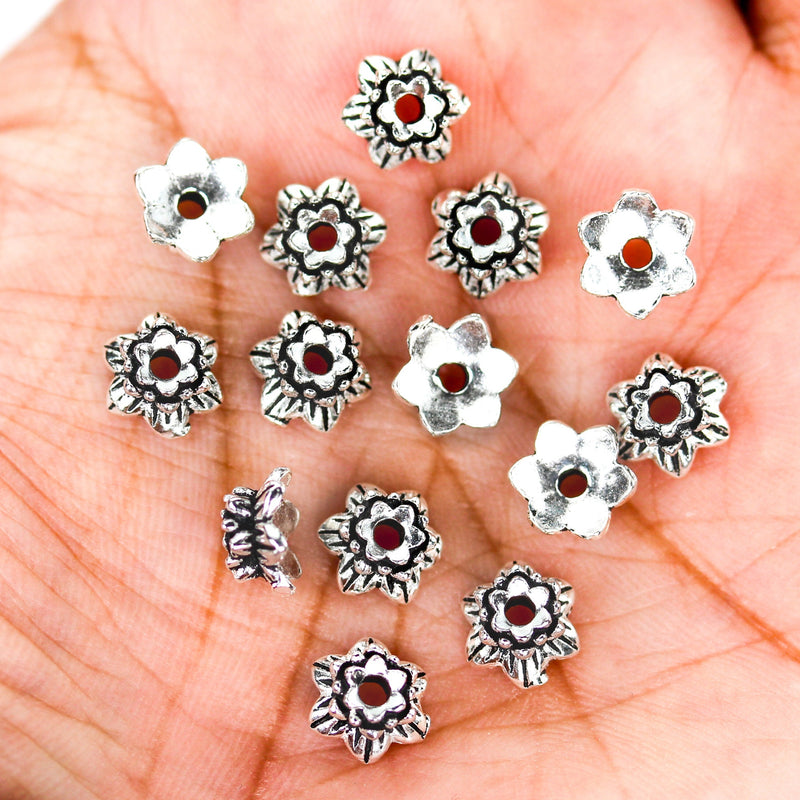 Bead Caps 4pcs 925 Antique Sterling Silver Jewelry Findings Double Flower Cap, 8mm Bottom Flower 5.50mm Top Flower, 4mm Height, 1.50mm Hole