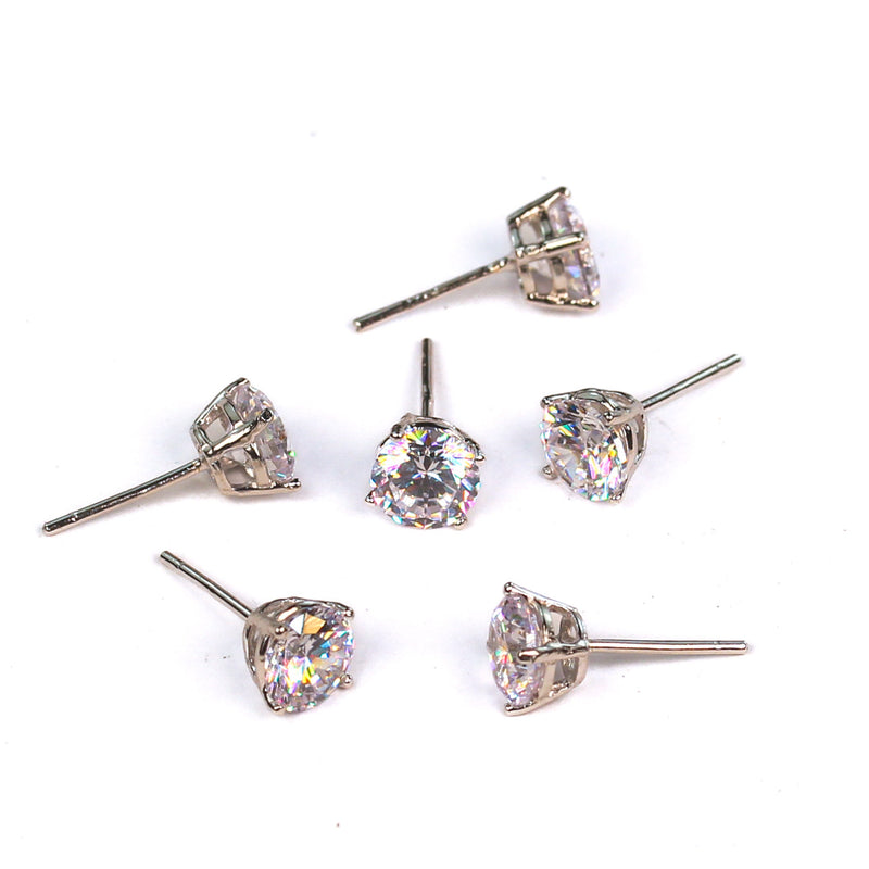 Earring 4pcs 925 Sterling Silver Jewellery Findings Earstud Setting W/ 6mm Brilliant Round Cut Cubic Zirconia 4.50mm High, 6*14mm