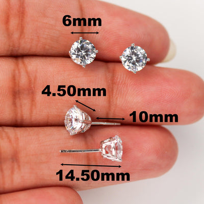 Earring 4pcs 925 Sterling Silver Jewellery Findings Earstud Setting W/ 6mm Brilliant Round Cut Cubic Zirconia 4.50mm High, 6*14mm