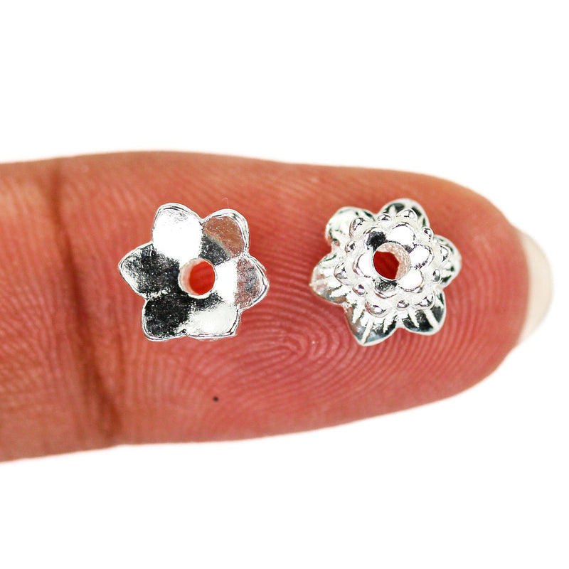 Bead Caps 4pcs 925 Sterling Silver Jewelry Findings Double Flower Cap, 7.50mm Bottom Flower 5.50mm Top Flower, 4mm Height, 2mm Hole