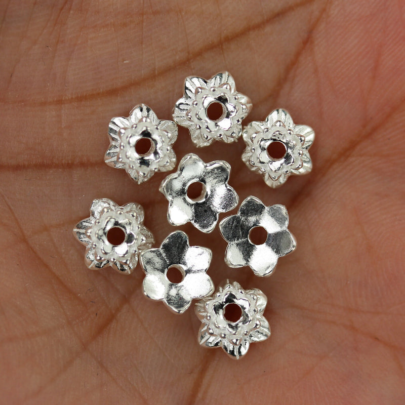 Bead Caps 4pcs 925 Sterling Silver Jewelry Findings Double Flower Cap, 7.50mm Bottom Flower 5.50mm Top Flower, 4mm Height, 2mm Hole