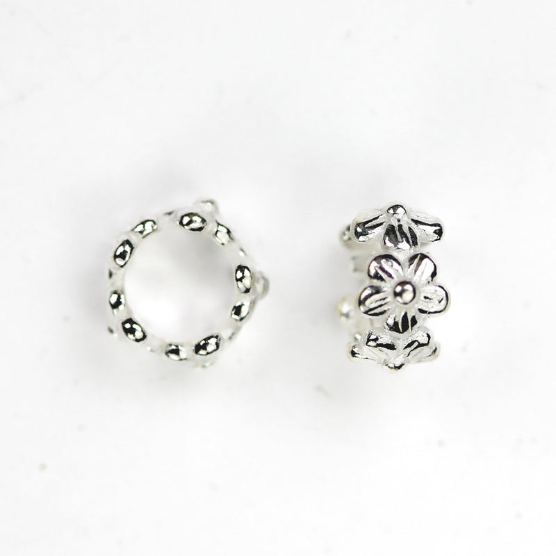 Silver Flower Beads 2pcs 8mm Diameter 925 Sterling Silver Jewellery Findings Filigree Rondelle Beads, 5mm Thickness 4mm Big Hole