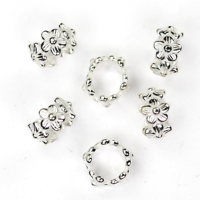 Silver Flower Beads 2pcs 8mm Diameter 925 Sterling Silver Jewellery Findings Filigree Rondelle Beads, 5mm Thickness 4mm Big Hole