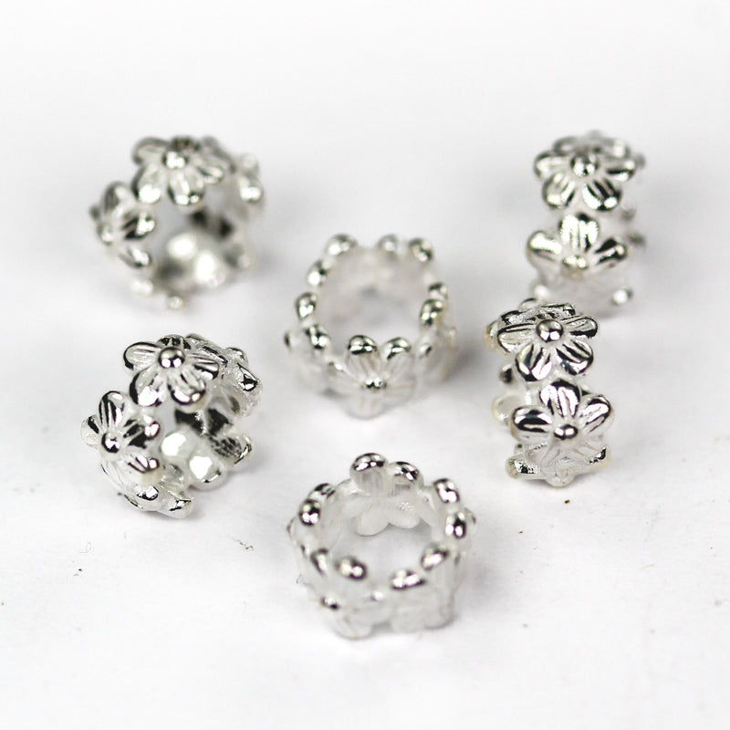 Silver Flower Beads 2pcs 8mm Diameter 925 Sterling Silver Jewellery Findings Filigree Rondelle Beads, 5mm Thickness 4mm Big Hole