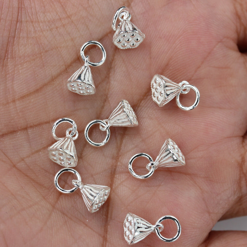 Silver Charm 2pcs 925 Sterling Silver Jewellery Charm Findings,  Lotus Pod Charm, 6*8mm,Closed Jump Ring 6mm