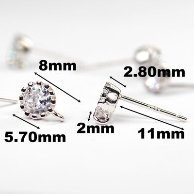 Earring 4pcs 925 Sterling Silver Jewellery Findings Earstud Setting W/ 6mm Solitaire Cubic Zirconia 3mm High With 2mm Split-Loop, 8*11mm