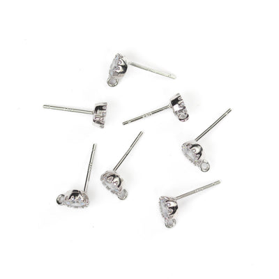 Earring 4pcs 925 Sterling Silver Jewellery Findings Earstud Setting W/ 6mm Solitaire Cubic Zirconia 3mm High With 2mm Split-Loop, 8*11mm