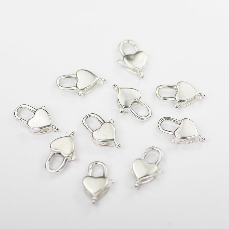 2pcs 925 Sterling Silver Jewellery Findings Heart Shaped Lock Key Lobster Claw Clasp,14*8mm With 2mm Closed Jump Ring