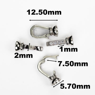 925 Sterling Silver 12*6mm Hook Clasp 2pcS Jewellery Findings, With 1mm Cubic Zirconia