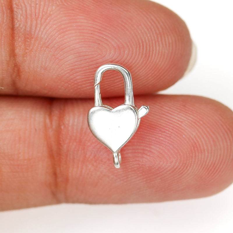 2pcs 925 Sterling Silver Jewellery Findings Heart Shaped Lock Key Lobster Claw Clasp,14*8mm With 2mm Closed Jump Ring