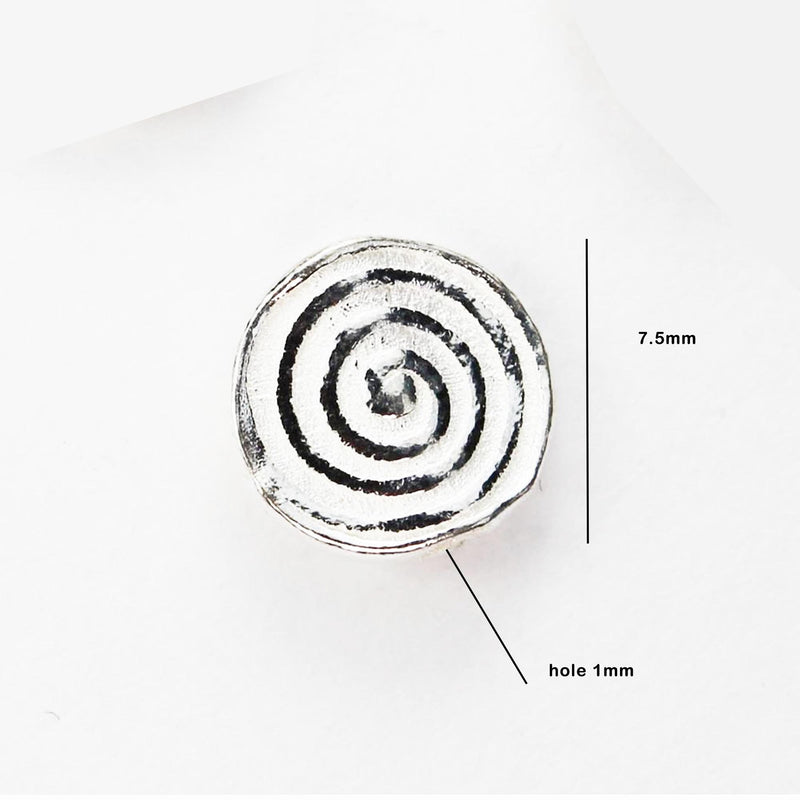 4pcs 925 Sterling Silver Jewellery Findings Button Spiral Beads, 7.5mm Round, 2.5mm Thickness, Hole 1mm