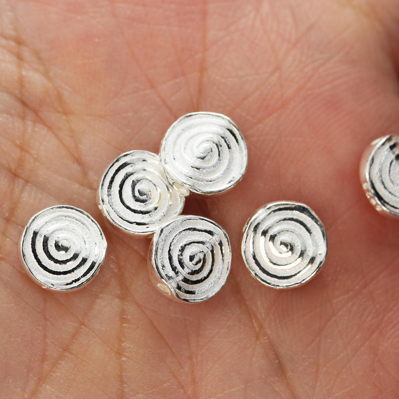 4pcs 925 Sterling Silver Jewellery Findings Button Spiral Beads, 7.5mm Round, 2.5mm Thickness, Hole 1mm