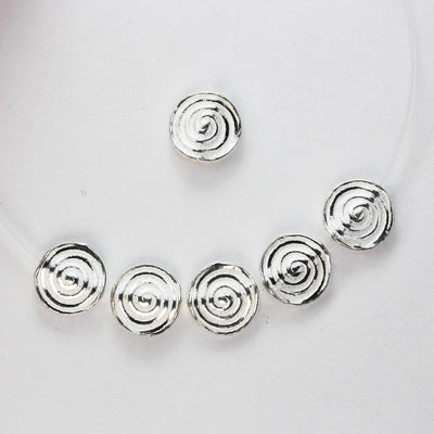 4pcs 925 Sterling Silver Jewellery Findings Button Spiral Beads, 7.5mm Round, 2.5mm Thickness, Hole 1mm