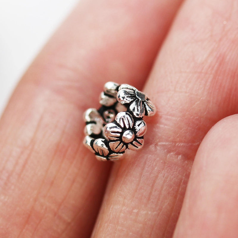 Silver Flower Beads 2pcs 8mm Diameter 925 Antique Sterling Silver Jewellery Findings Filigree Rondelle Beads, 5mm Thickness 4mm Big Hole