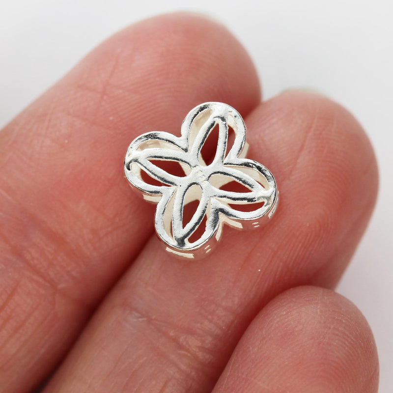 Silver Beads 1pc 10mm Flower Clover Geometric Beads Jewellery Findings, 925 Sterling Silver, Hole 1.5mm