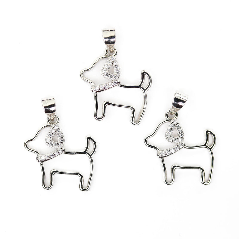 Silver charm 1pc 925 sterling silver w/ cubic zirconia jewellery findings charm beads, dog w/ collar charm, 17*19mm, 7mm bail