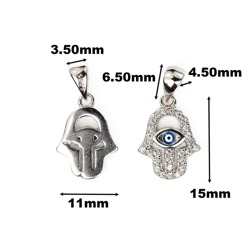 Silver charm 1pc hamsa hand charms, 925 sterling silver jewellery findings charm beads, hand of fatima w/ evil eye charm, 15mm*11mm,6mm bail