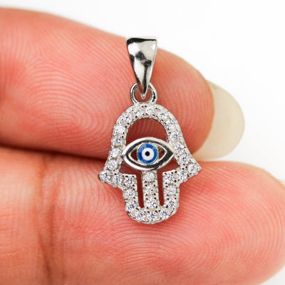 Silver charm 1pc hamsa hand charms, 925 sterling silver jewellery findings charm beads, hand of fatima w/ evil eye charm, 15mm*11mm,6mm bail