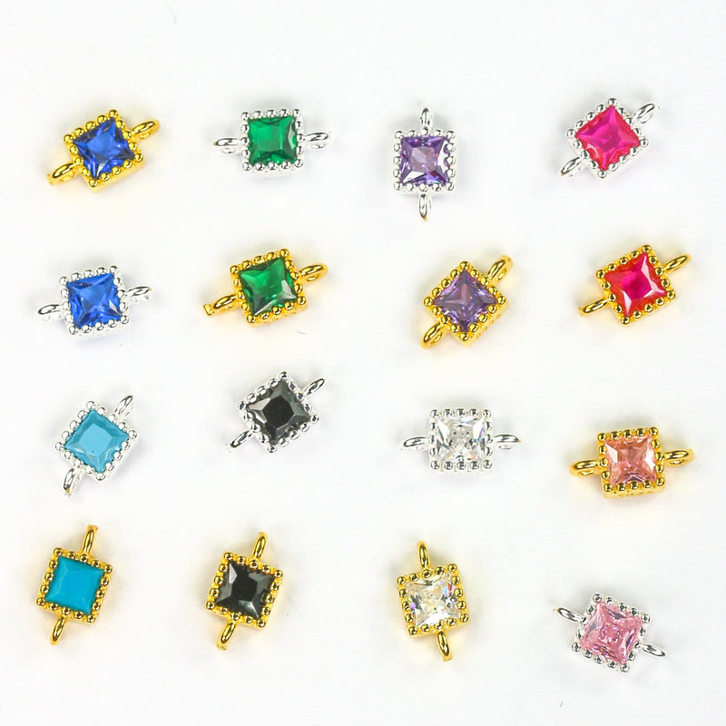 Square Connector  beads 2pcs 18K gold / 925 sterling silver jewellery findings w/ colorful cubic zirconia, 4*4mm, 1mm hole