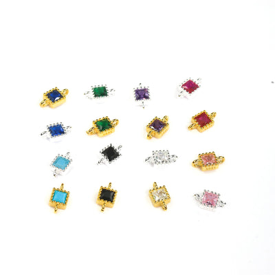 Square Connector  beads 2pcs 18K gold / 925 sterling silver jewellery findings w/ colorful cubic zirconia, 4*4mm, 1mm hole