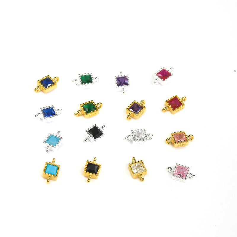 Square Connector  beads 2pcs 18K gold / 925 sterling silver jewellery findings w/ colorful cubic zirconia, 4*4mm, 1mm hole