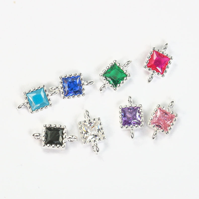 Square Connector  beads 2pcs 18K gold / 925 sterling silver jewellery findings w/ colorful cubic zirconia, 4*4mm, 1mm hole