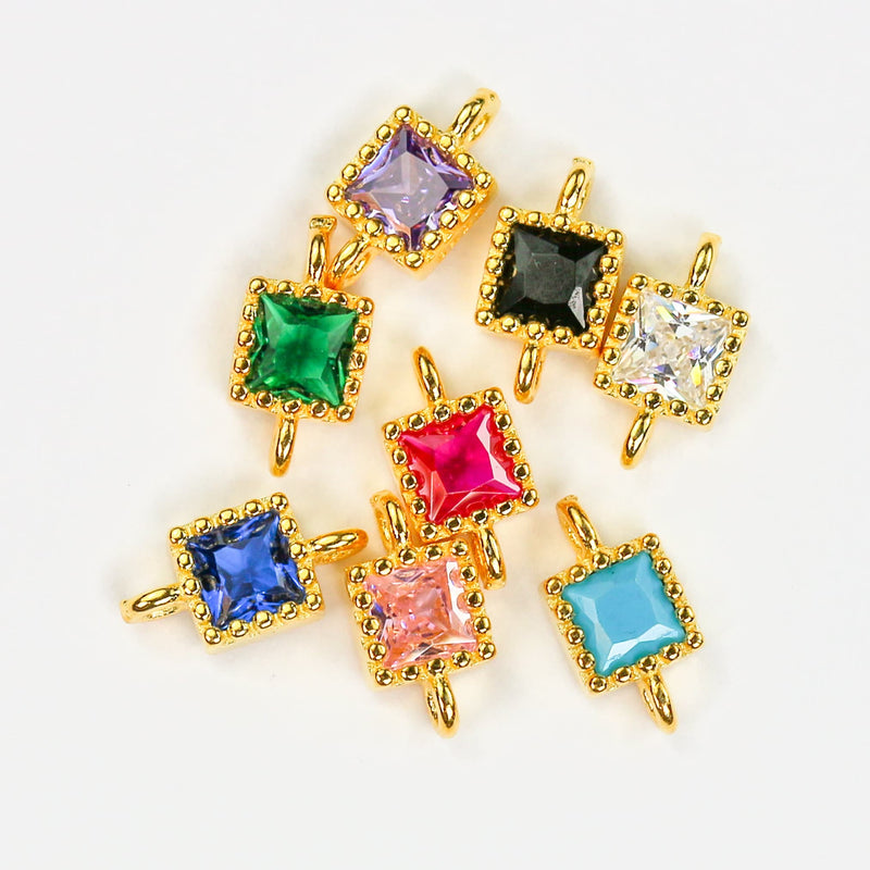 Square Connector  beads 2pcs 18K gold / 925 sterling silver jewellery findings w/ colorful cubic zirconia, 4*4mm, 1mm hole