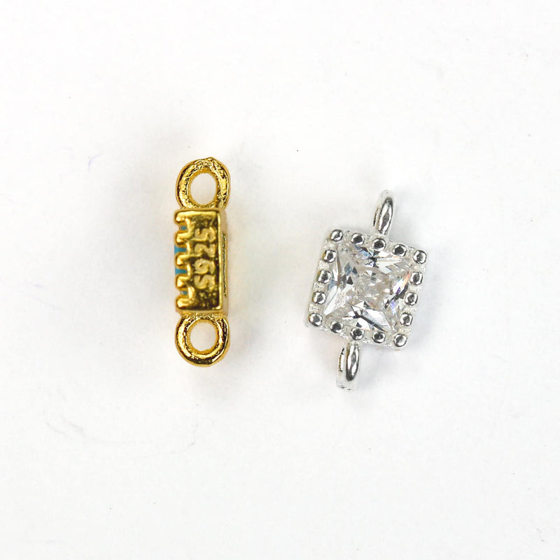 Square Connector  beads 2pcs 18K gold / 925 sterling silver jewellery findings w/ colorful cubic zirconia, 4*4mm, 1mm hole