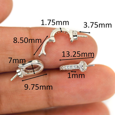 2pcs Jewellery Findings Ice Pick & Pinch Bails, 925 sterling silver, 1mm cubic zirconia, for half drilled beads, 9*13mm