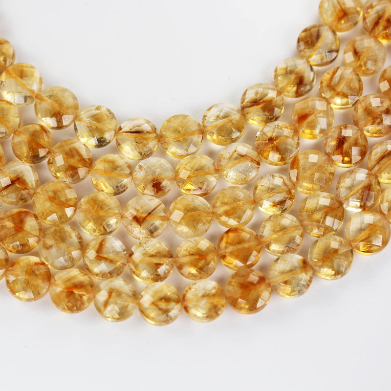 Citrine, 11mm Faceted Coin Round Gemstone, Vintage Rock Stone, Hole 1mm, 15.5inches, 36 Beads