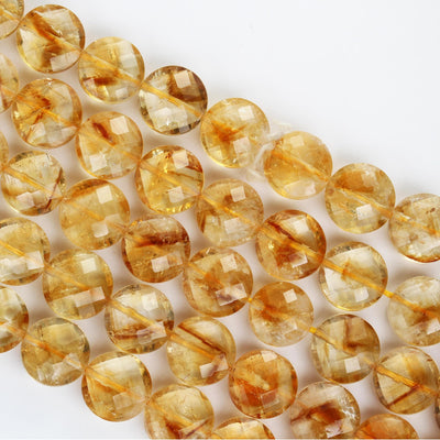 Citrine, 11mm Faceted Coin Round Gemstone, Vintage Rock Stone, Hole 1mm, 15.5inches, 36 Beads