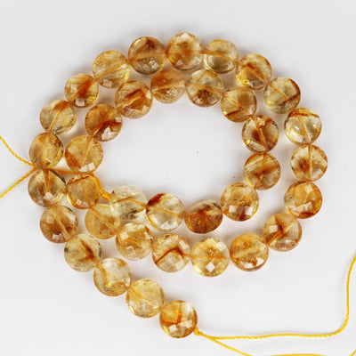 Citrine, 11mm Faceted Coin Round Gemstone, Vintage Rock Stone, Hole 1mm, 15.5inches, 36 Beads