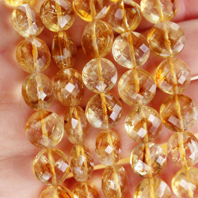 Citrine, 11mm Faceted Coin Round Gemstone, Vintage Rock Stone, Hole 1mm, 15.5inches, 36 Beads