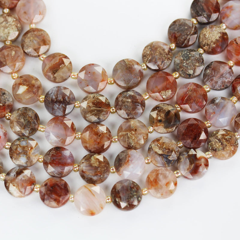 Natural Fire Agate, 12mm Faceted Coin Round Gemstone, Vintage Rock Stone, Hole 1mm, 15.5inches, 28 Beads